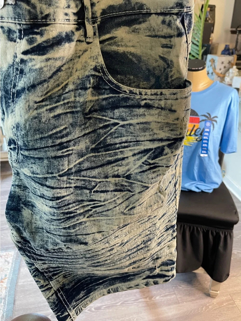 Essentials Men's Acid Wash Blue and Tan Jean Shorts